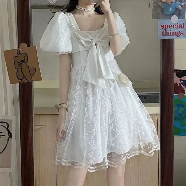 Puff-Sleeve Square-Neck Mini A-Line Lace Dress