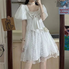 Puff-Sleeve Square-Neck Mini A-Line Lace Dress