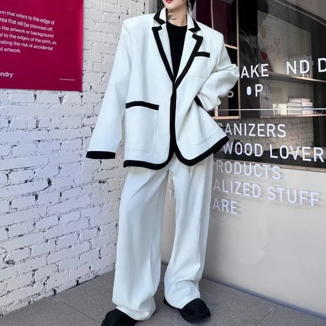 Set: Contrast Trim Single Button Blazer + Plain Wide Leg Pants