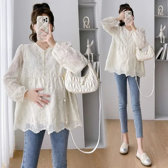 Maternity Long-Sleeve Lace Flowy Blouse