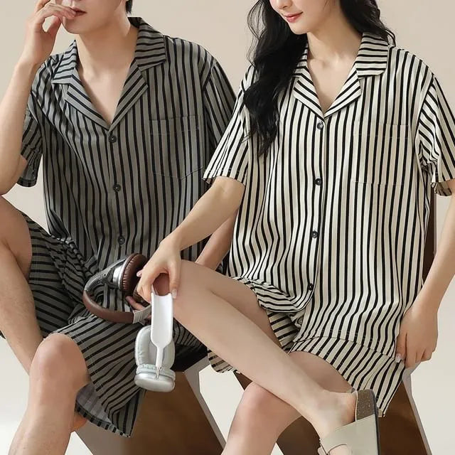 Couple Matching Loungewear Set : Striped Short-Sleeve Shirt & Shorts