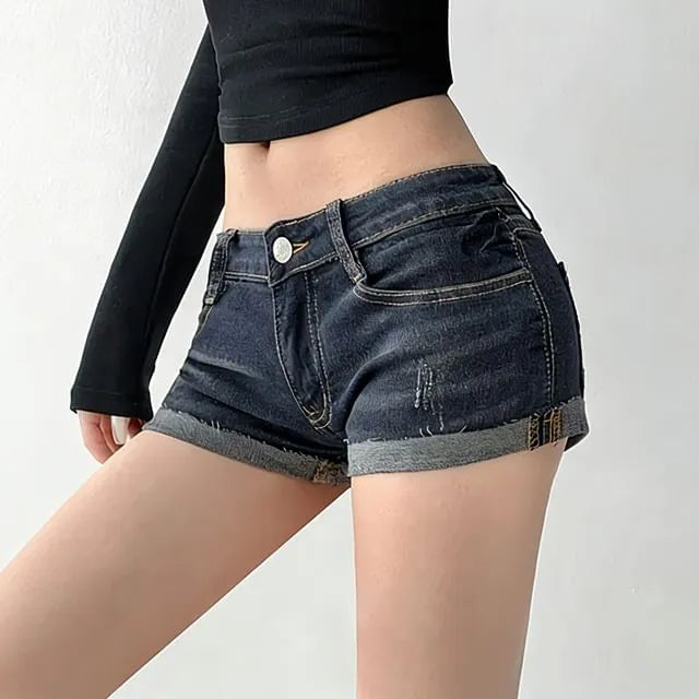 Low Rise Washed Roll Up Hem Denim Shorts