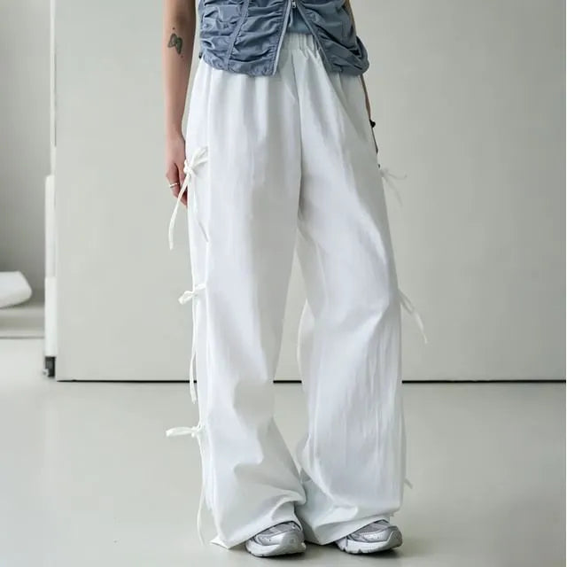 Elastic Waist Plain Tie Side Wide Leg Pants