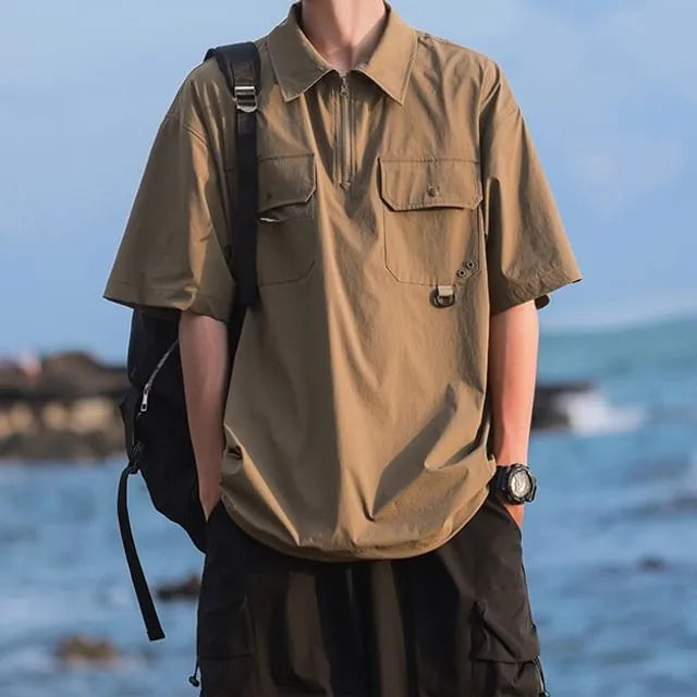 Elbow-Sleeve Half Zip Pocketed Plain Polo Shirt