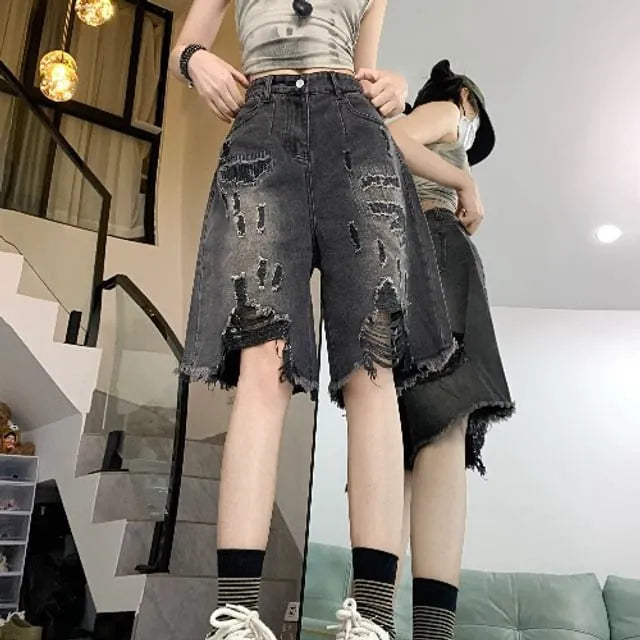 Mid Rise Washed Distressed Denim Wide Leg Shorts