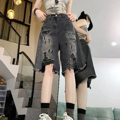Mid Rise Washed Distressed Denim Wide Leg Shorts
