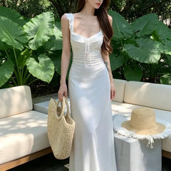 Spaghetti Strap Plain Ruffle Maxi Sundress