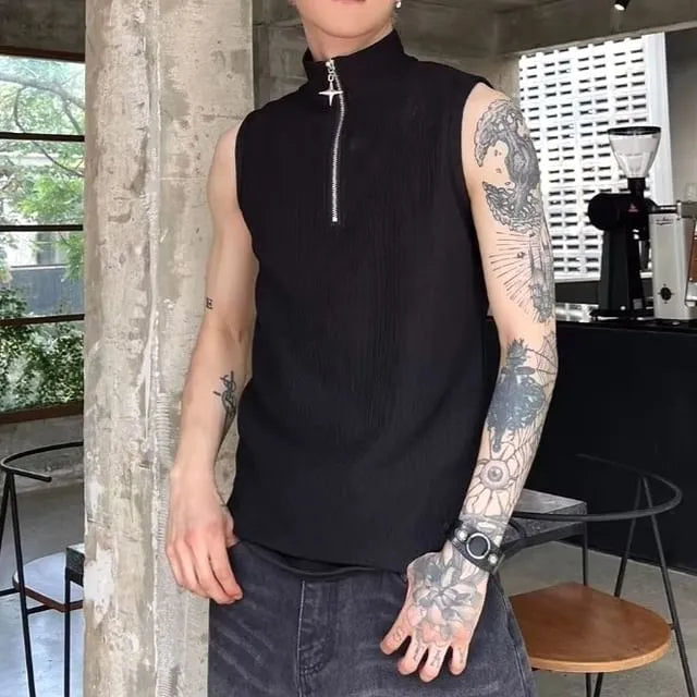 Turtleneck Half Zip Plain Tank Top