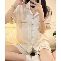 Pajama Set : Short-Sleeve Plaid Shirt + Shorts