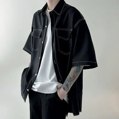 Short-Sleeve Contrast Stitched Button-Up Shirt