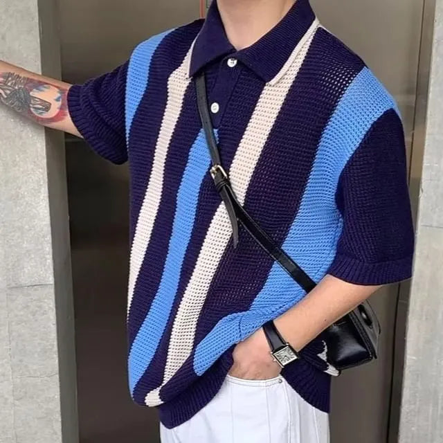 Short-Sleeve Striped Knit Polo Shirt