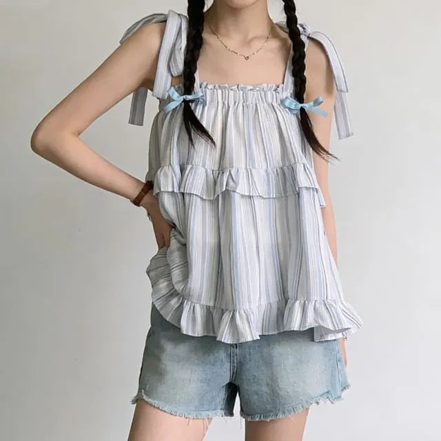 Square Neck Striped Frill Trim Crop Camisole Top