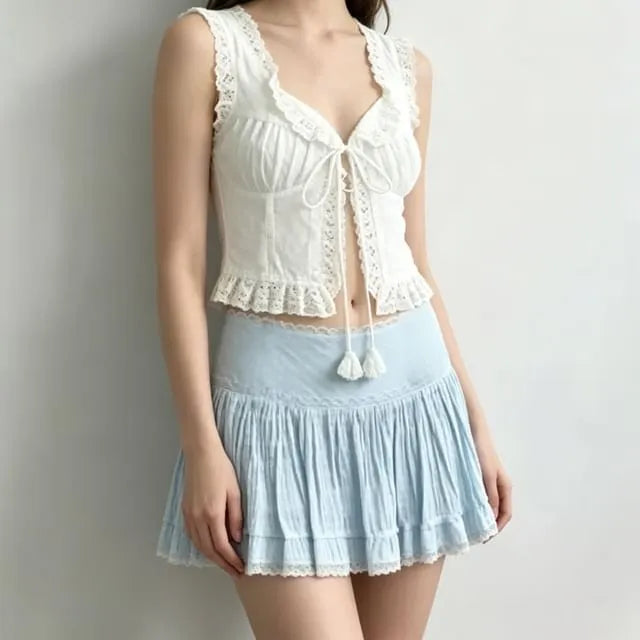 Balletcore Low Waist Lace-Trim Plain Mini A-Line Skirt