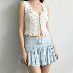 Balletcore Low Waist Lace-Trim Plain Mini A-Line Skirt