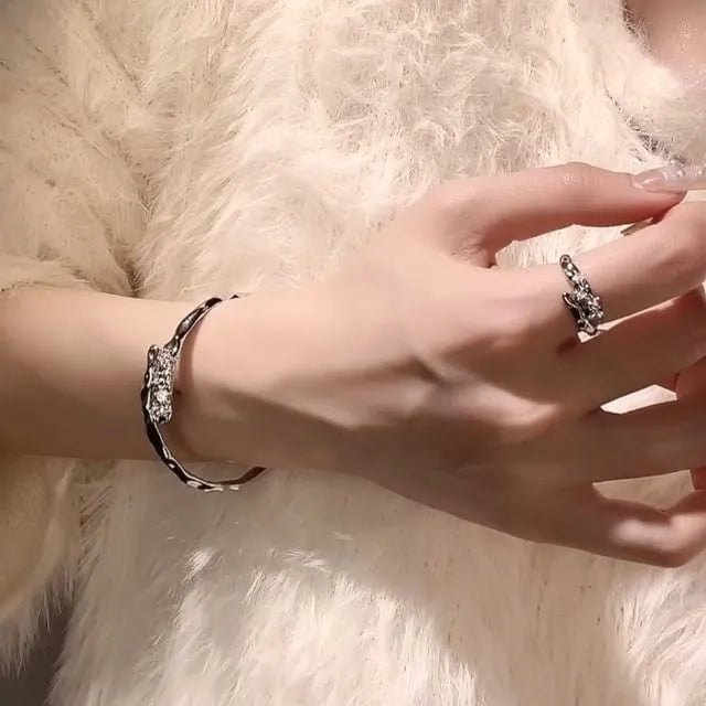 Irregular Rhinestone Ring / Open Bangle / Set