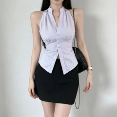 Sleeveless V-Neck Striped Button-Up Shirt / High Rise Mini Pencil Skirt