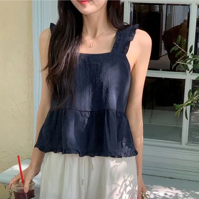 Ruffle Strap Tie Back Gingham Peplum Cami Top