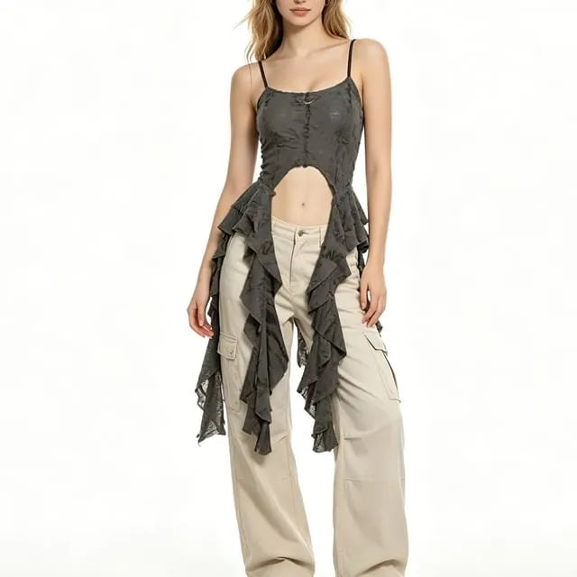 Scoop Neck Plain Asymmetrical Metal Accent Ruffle Distressed Open Back Crop Cami Top