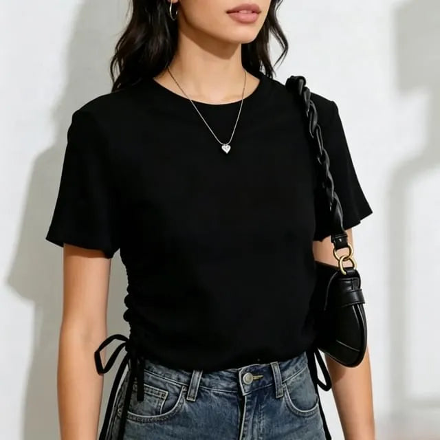 Short-Sleeve Crew Neck Plain Lace Up T-Shirt