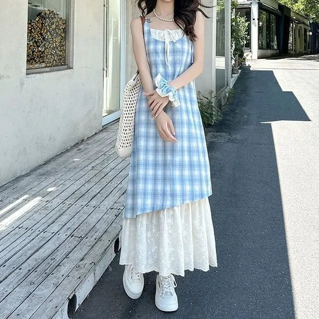 Spaghetti Strap Plaid Mock Two-Piece Maxi Sundress