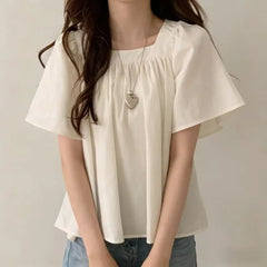 Short-Sleeve Square-Neck Plain Shirred Blouse