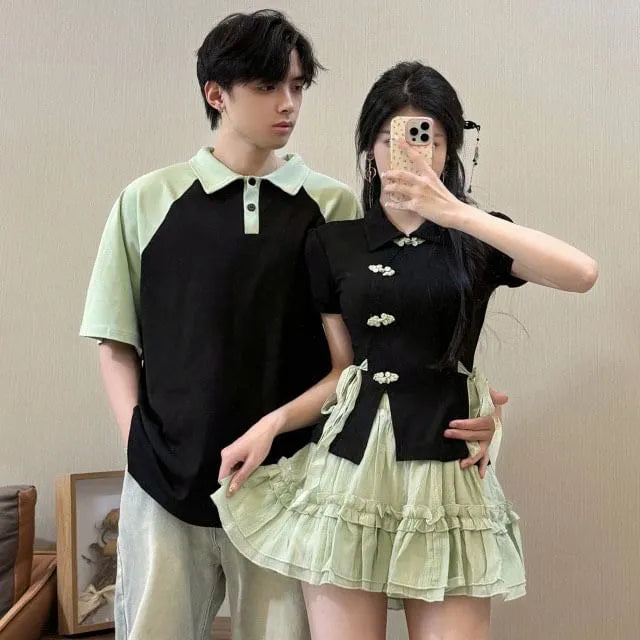 Couple Matching Short-Sleeve Collared Tie Side Frog Buttoned Slit Top / High Waist Plain Frill Trim Mini A-Line Skirt / Elbow-Sleeve Raglan Polo Shirt
