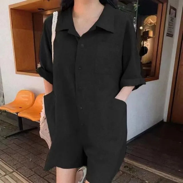 3/4-Sleeve Collared Plain Buttoned Wide Leg Romper