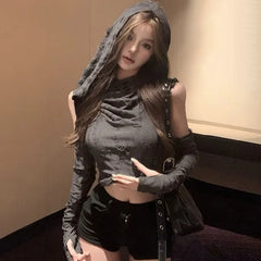 Sleeveless Hooded Plain Distressed Crop Top with Arm Sleeves