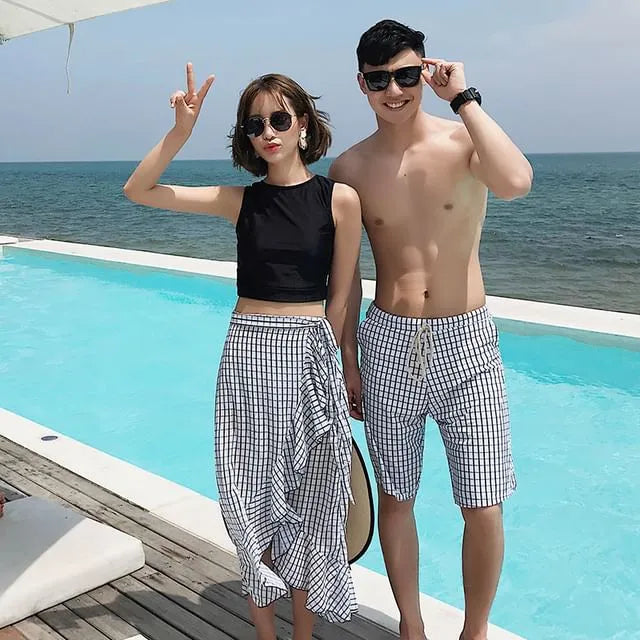 Couple Matching Crop Tankini Top / Cover Up Skirt / Swim Shorts / Set (Various Designs)