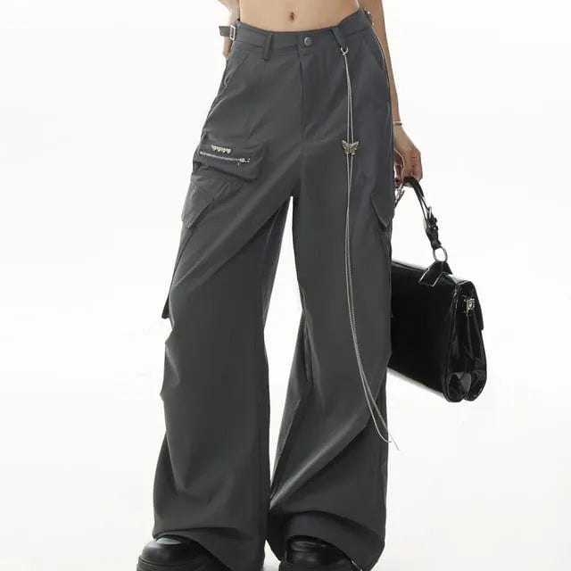 Set: Mid Waist Plain Baggy Cargo Pants + Waist Chain