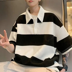 Elbow-Sleeve Striped Polo Shirt