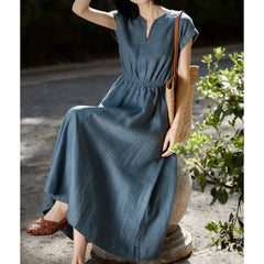 Cap-Sleeve Notch Neck Plain Midi A-Line Dress