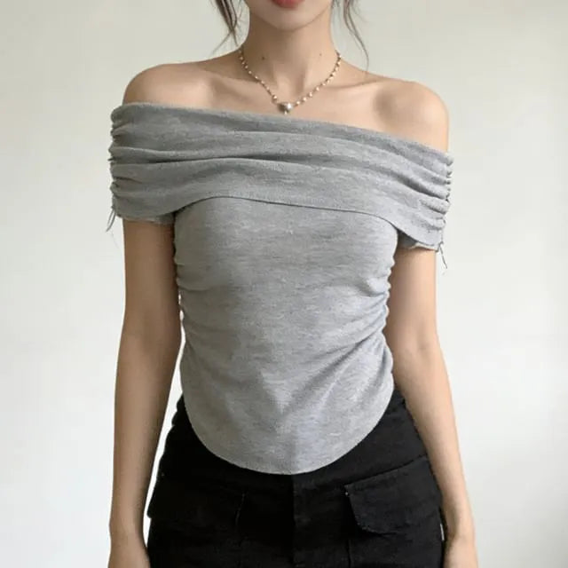 Off Shoulder Short Sleeve Plain Cropped Top