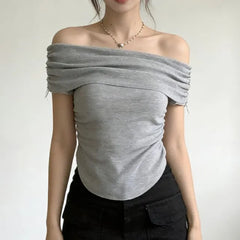 Off Shoulder Short Sleeve Plain Cropped Top