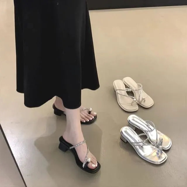 Rhinestone Beaded Toe Ring Chunky Heel Slide Sandals