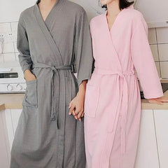 Couple Matching Plain Tie Waist Waffle Pajama Robe