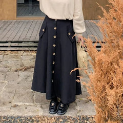 [XL-4XL] High Waist Plain Buttoned Maxi A-Line Skirt