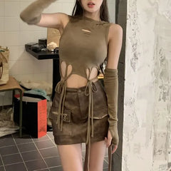 Plain Cutout Hooded Slim Fit Crop Tank Top / High Waist Faux Leather Mini Pencil Cargo Skirt / Long Gloves / Set