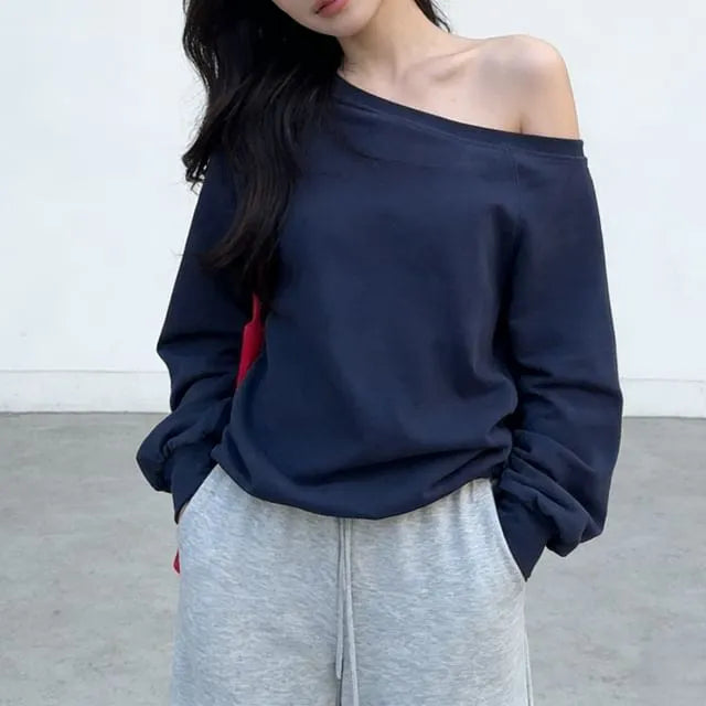One Shoulder Plain Sweatshirt / Drawstring Waist Plain Wide Leg Sweatpants