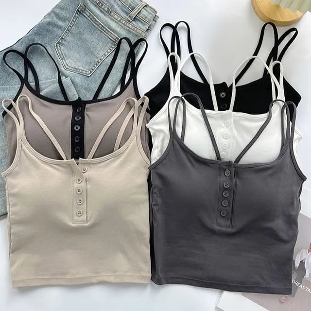 Spaghetti Strap Scoop Neck Henley Cropped Cami Top