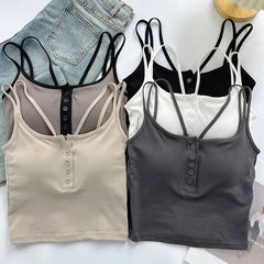 Spaghetti Strap Scoop Neck Henley Cropped Cami Top