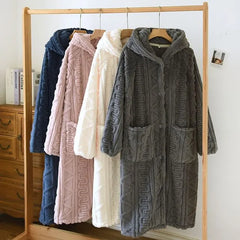 Couple Matching Jacquard Hooded Button-Up Fleece Pajama Robe (Various Designs)