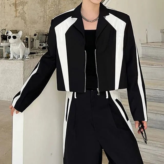 Set: Lapel Collared Two Tone Zip Blazer + Mid Rise Two Tone Straight Leg Dress Pants