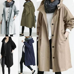 Hooded Button-Up Long Trench Coat
