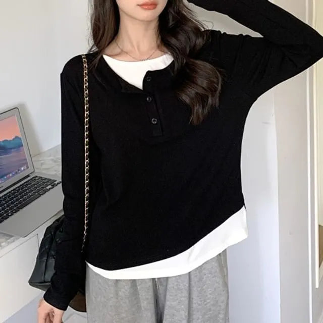 Long Sleeve Mock Two Piece Color-Block Loose-Fit Tee