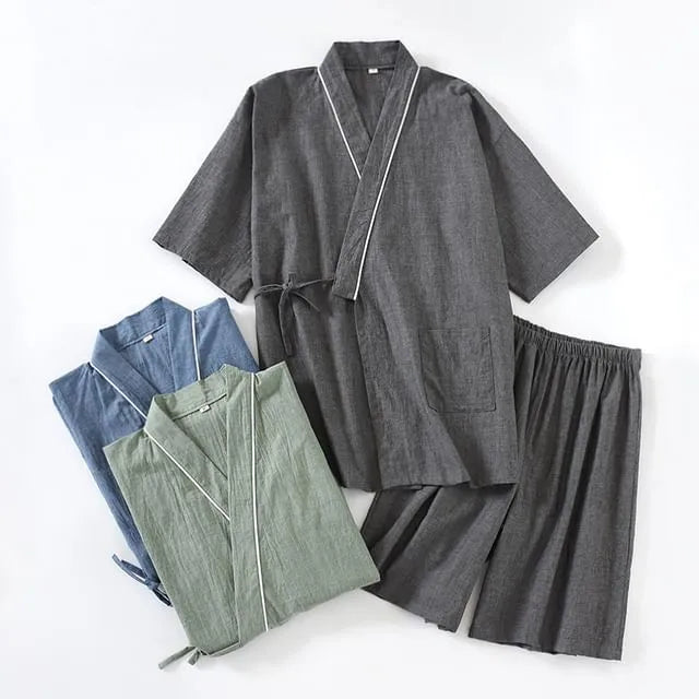 Pajama Set: Elbow-Sleeve Contrast Trim Kimono Top + Shorts