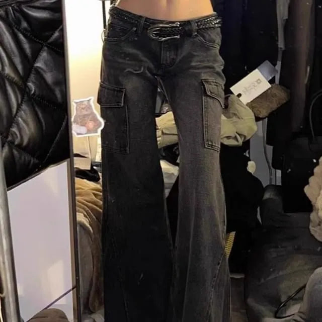 Low Waist Washed Bell Bottom Cargo Jeans
