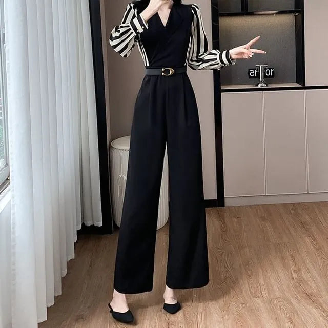 Long-Sleeve V-Neck Striped Panel Wide Leg Jumpsuit