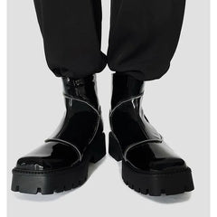Platform Square Toe Plain Zipped Genuine Leather Short Boots