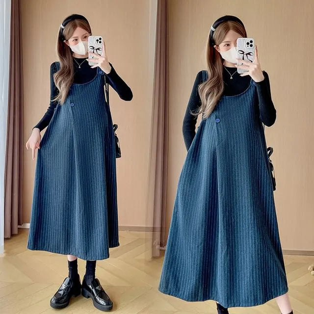Maternity Striped Button Midi A-Line Jumper Dress / Long Sleeve Mock Neck Plain Ribbed Knit Top